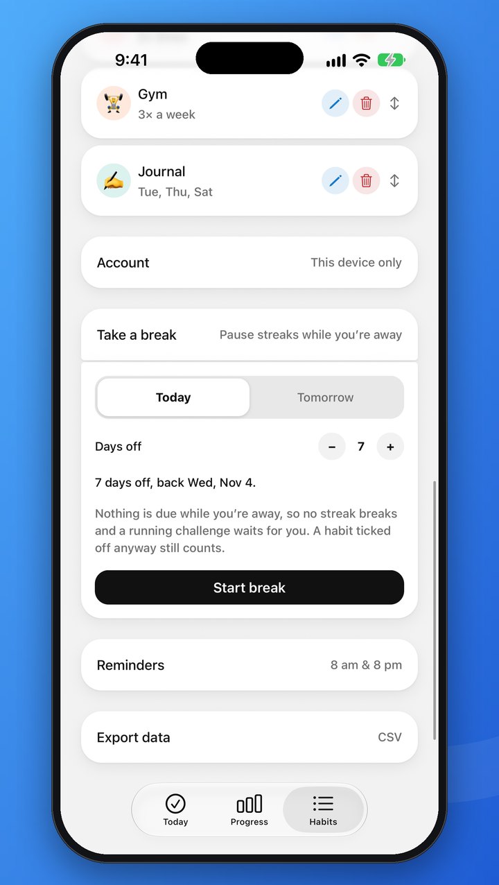 The Take a break panel on the Habits tab: 7 days off from today, and a Start break button