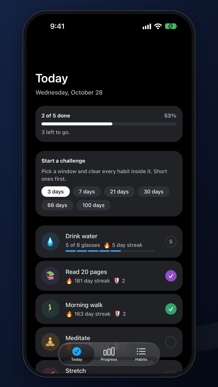 The Today screen in Dark Mode