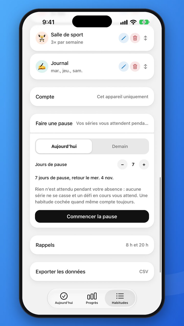 Le panneau Faire une pause de l’onglet Habitudes : 7 jours de pause dès aujourd’hui, et le bouton Commencer la pause