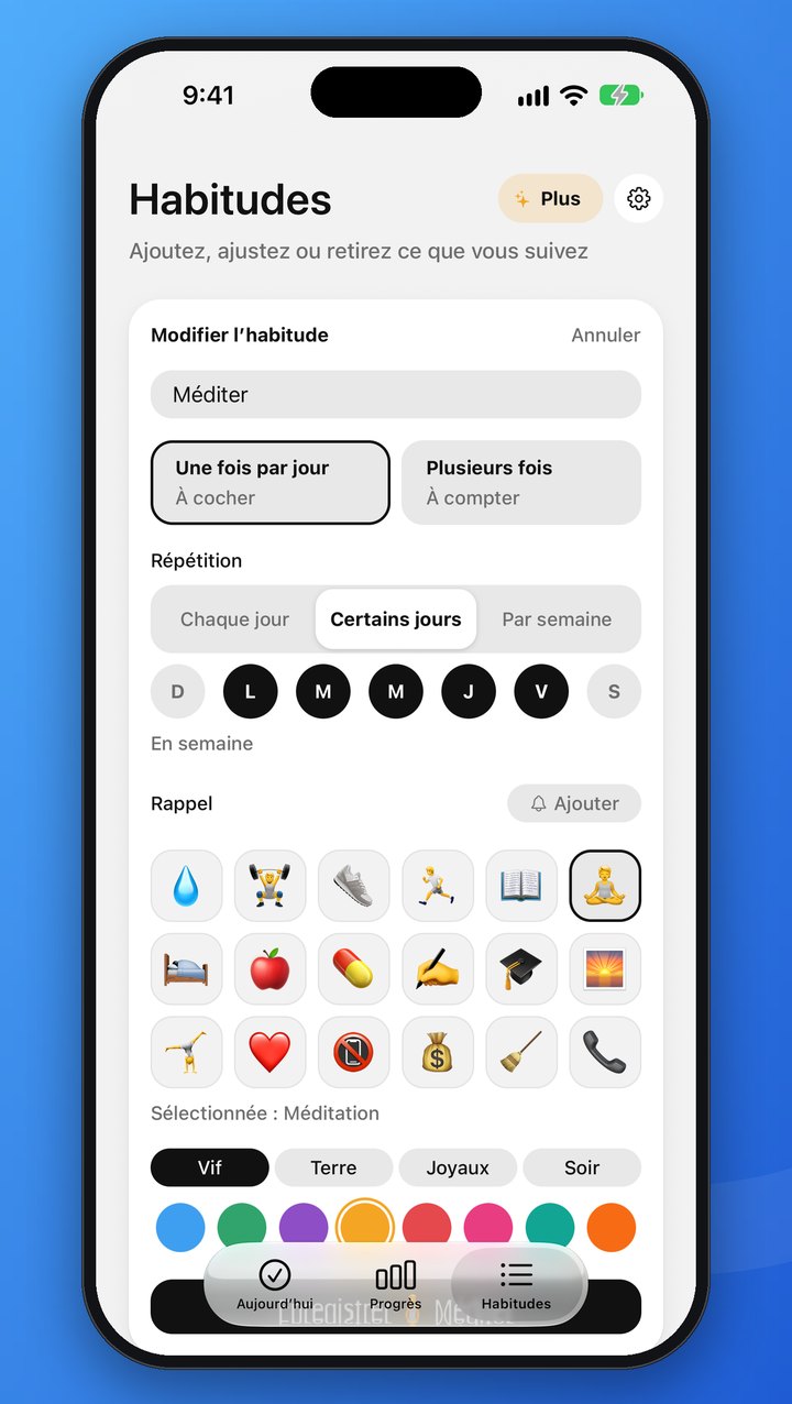 Le formulaire d’habitude pour Méditer : une fois par jour, en semaine, avec son icône et sa couleur