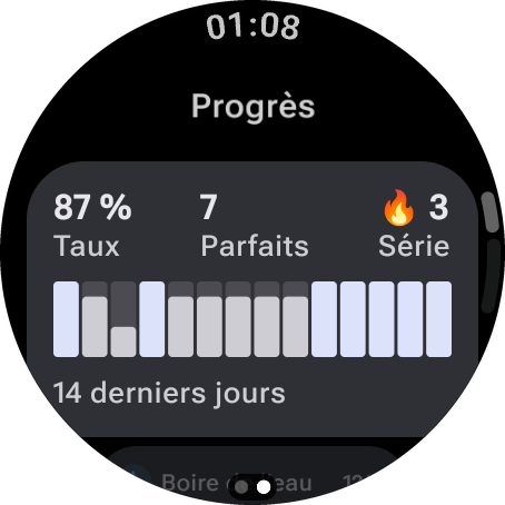 Daily Ring sur Wear OS : la page Progrès des 14 derniers jours