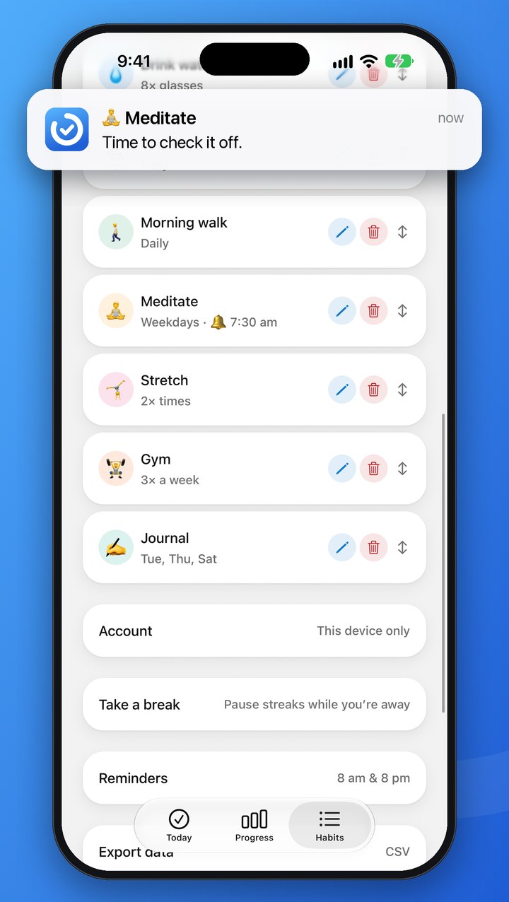 A Daily Ring reminder banner for Meditate, over the list of habits and their schedules