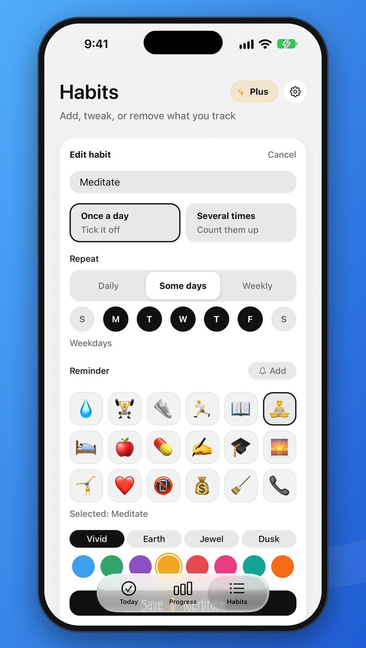 The habit form editing Meditate: once a day, on weekdays, with its icon and colour