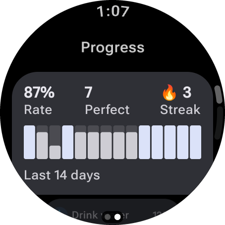 Daily Ring on Wear OS: the Progress page with the last 14 days