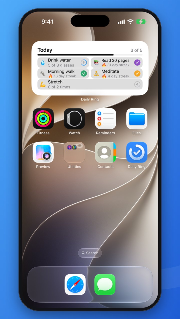 Home Screen with the medium Daily Ring widget showing today's habits